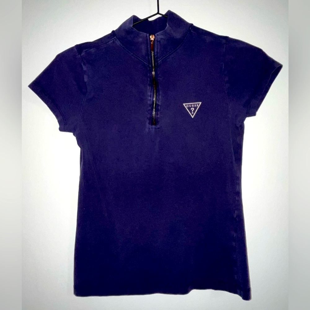 Guess Navy Blue Size S Short Sleeve Women’s Shirt 1/4 Zip Up Front Mock Neck Top